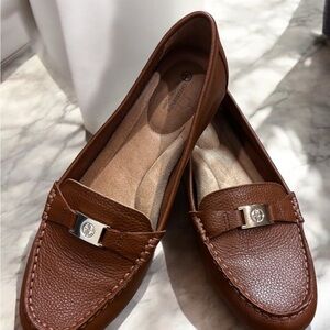 Gianni Bini Brown Loafers with Pebbled Leather and Metallic Accent‎